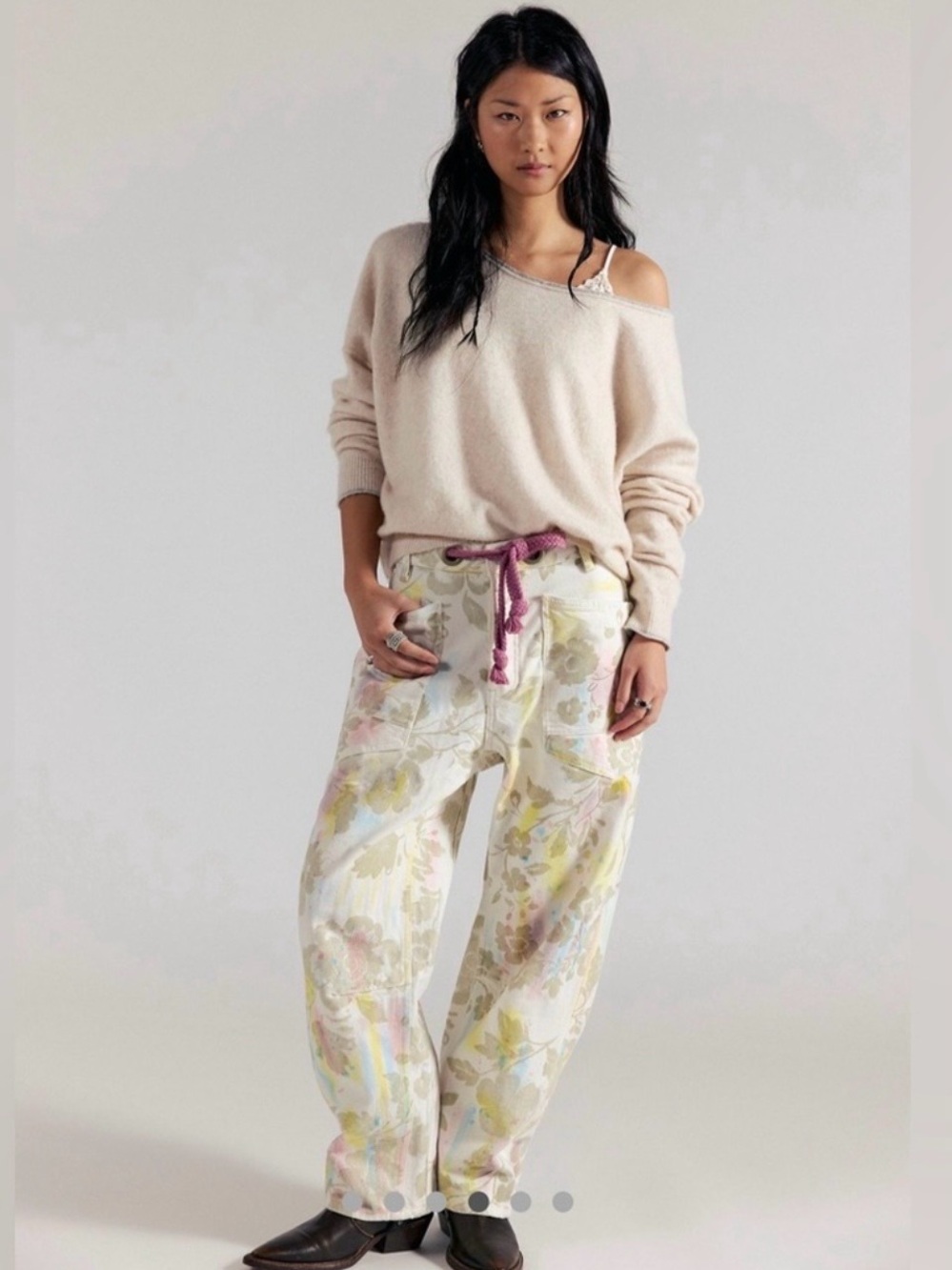 NWT Free People We The Free Moxie Printed Flocked Ivory Combo Barrel Jeans